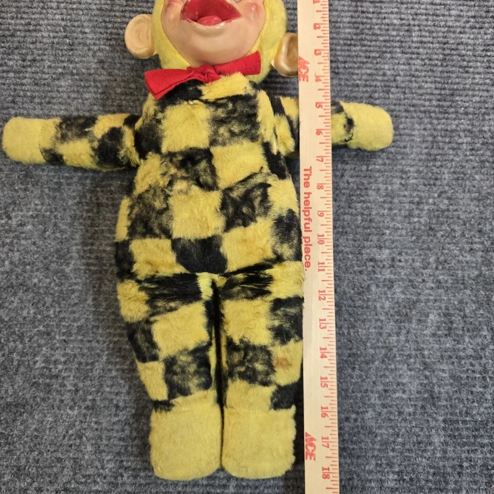 Vintage Yellow & Black Plush Monkey Doll Rubber Face Red Bow Tie 18